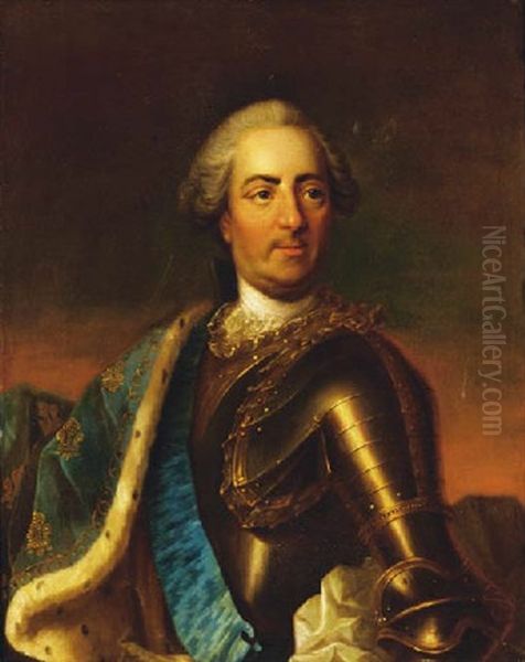 Portrait Of King Louis Xv In Armour With The Sash Of The Order Of The Saint Esprit And An Ermine Trimmed Cloak Oil Painting by Carle van Loo