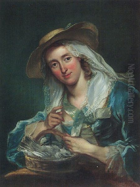 Portrait Of A Young Woman Holding A Basket With Woodpigeons Oil Painting by Carle van Loo