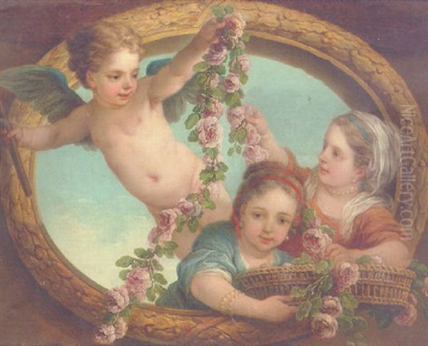 Cupid Handing A Garland Of Flowers To Two Girls Oil Painting by Carle van Loo