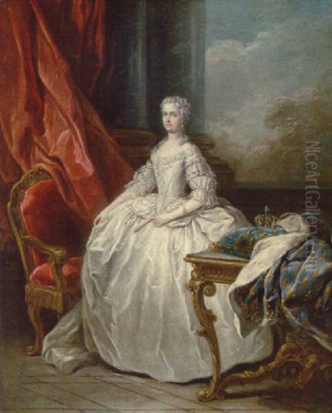 Portrait Of Queen Marie Leczinska Of France, In A White Dress, Beside A Table With A Crown On A Cushion With The Fleurs-de-lys Of France Oil Painting by Carle van Loo