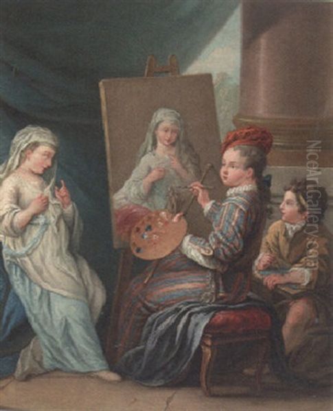 A Painter, His Model And An Onlooker Oil Painting by Carle van Loo