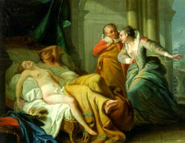 A Woman Discovering Lovers In A Bed Oil Painting by Carle van Loo