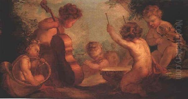 Putti Playing Musical Instruments In A Landscape Oil Painting by Carle van Loo