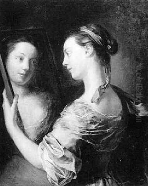 Portrait Of A Young Lady Looking At Her Reflection In A     Mirror by Carle van Loo