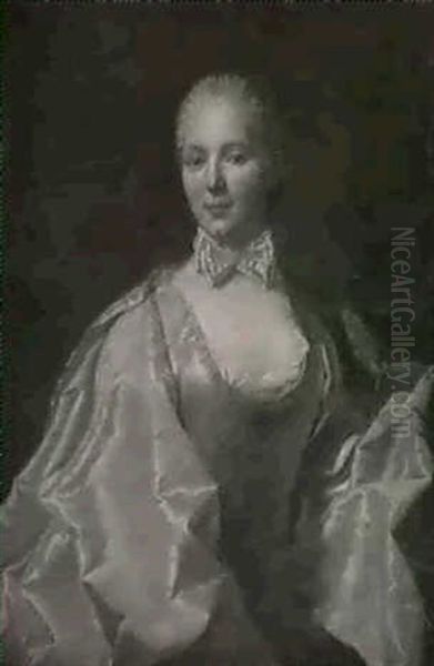 Portrait Of A Lady, Half Length, Wearing A Pale Blue Satin  Dress With A White Satin Cloak, A Fireplace Beyond Oil Painting by Carle van Loo