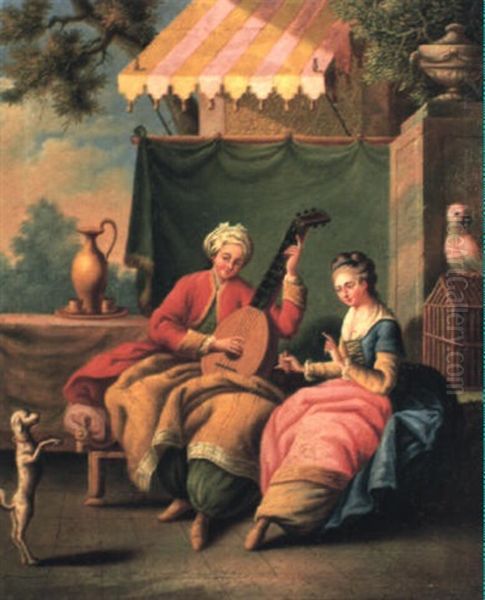 Young Lady Making A Dog Beg As A Youth In Turkish Costume Plays Guitar Oil Painting by Carle van Loo