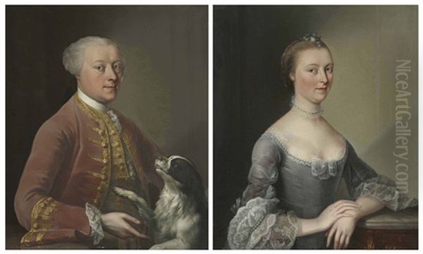 Portrait Of A Gentleman, Half-length; And Portrait Of A Lady, Half-length (pair) Oil Painting by Charles Amedee Philippe van Loo