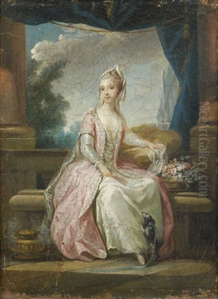 Jeune Femme Avec Un Petit Chien Dans Une Alcove Oil Painting by Charles Amedee Philippe van Loo