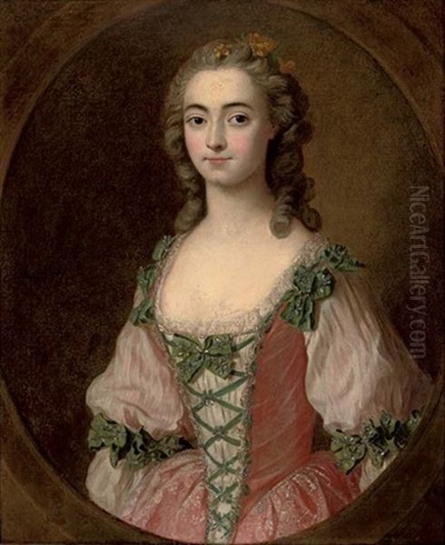 Portrait Of A Lady In A Pink Dress With Green Ribbons Oil Painting by Charles Amedee Philippe van Loo