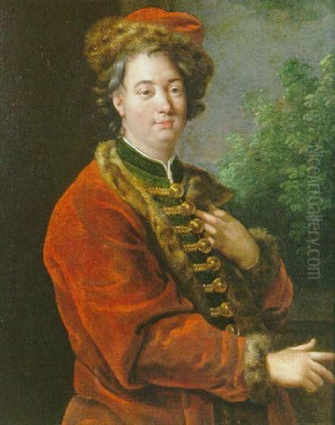 Portrait D'homme En Habit Rouge Oil Painting by Charles Amedee Philippe van Loo