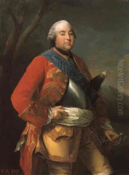 Portrait De Louis-philippe Duc D'orleans, De Trois-quart,   Dans Un Manteau Rouge, Avec Une Epee, Portant L'echarpe Du Oil Painting by Charles Amedee Philippe van Loo