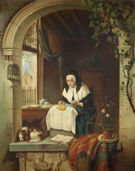 Kantwerkster Onder Boog Met Slapende Hond Oil Painting by Frans van Loo