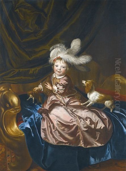 Portrait Of A Boy, Full Length, In Pink Silk Playing With Two Puppies Oil Painting by Jakob van Loo