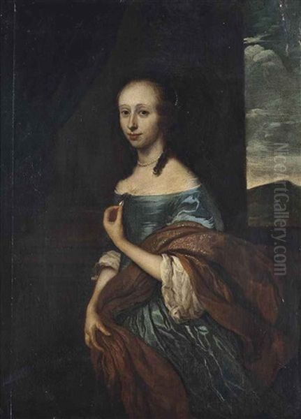 Portrait Of A Woman, Three-quarter-length, In A Blue Dress And Ochre Wrap, Beside A Column, A Landscape Beyond Oil Painting by Jakob van Loo