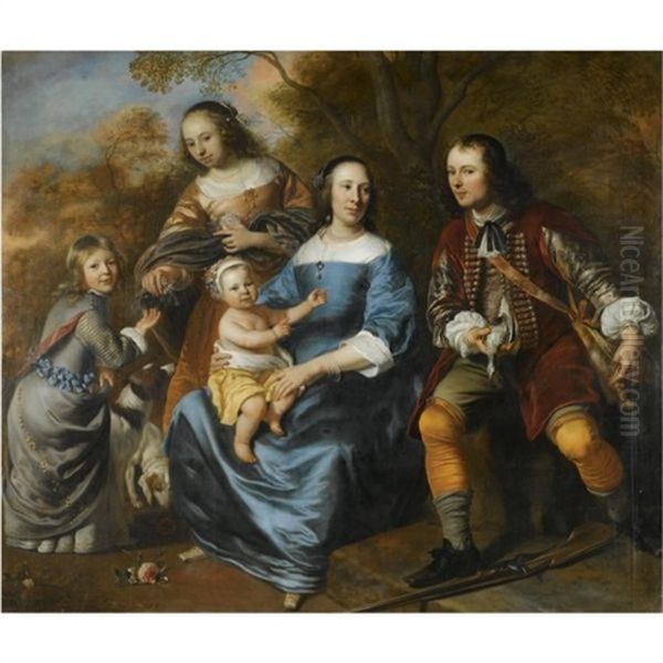 Portrait Of A Family; , A Mother Sitting, Dressed In Blue, With Three Young Children And A Young Man With A Gun (her Husband?), In A Landscape Oil Painting by Jakob van Loo