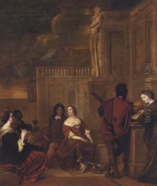 Elegant Company Listening To Music On A Terrace Oil Painting by Jakob van Loo