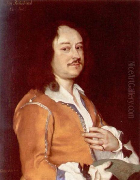 Portrait Of A Man Wearing An Ochre Jacket, Holding A Drawng In His Right Hand Oil Painting by Jakob van Loo