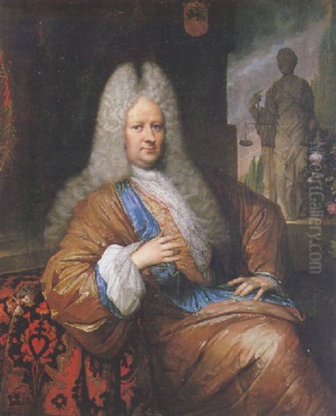 Portrait D'un Gentilhomme Sur Fond De Jardin Avec Une Sculpture De L'allegorie De La Justice Oil Painting by Jakob van Loo