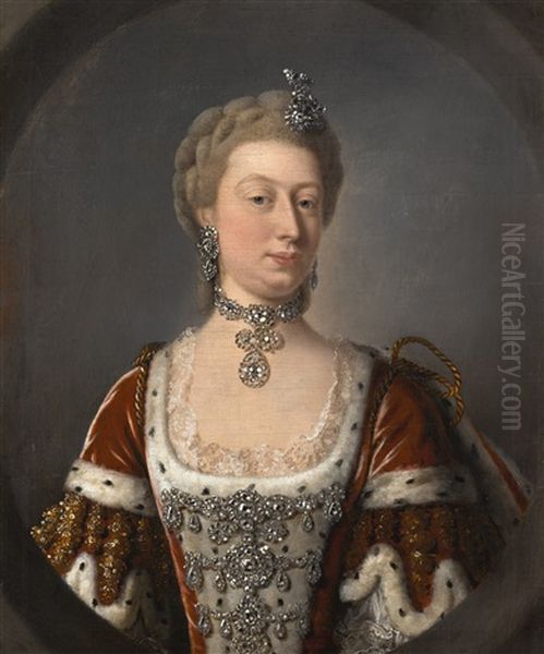 Portrait Of Augusta Von Sachsen-gotha, Princess Of Wales (1719-72), Half-length, Wearing An Ermine And Red Velvet Dress With Diamond Corsage, And Diamond Necklace And Earrings Oil Painting by Jean-Baptiste van Loo