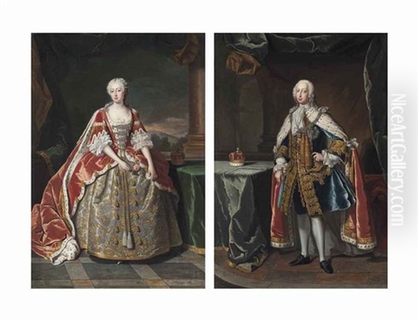 Portrait Of Frederick (1707-1751), Prince Of Wales, Small Full-length, In Robes Of State, With The Star Of The Garter, Beside A Table With His Coronet; And Portrait Of Augusta (1719-1772), Princess Of Wales, Small Full-length, In A Laced Dress And Robes O Oil Painting by Jean-Baptiste van Loo