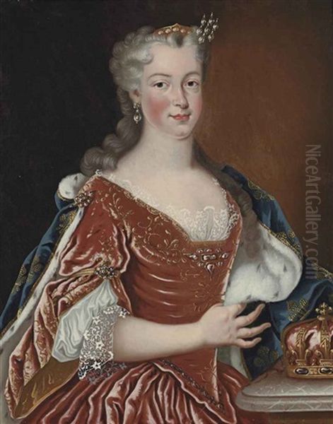 Portrait Of Maria Leszczynska, Queen Of France (1703-1768), Half-length, In A Red Dress And An Ermine-lined Cloak With Fleur-de-lis, By A Stone Ledge With Her Crown Oil Painting by Jean-Baptiste van Loo