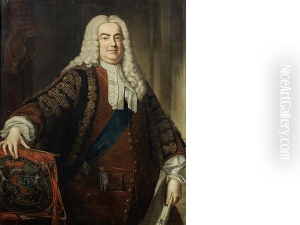 Portrait Of Sir Robert Walpole, 1st Earl Of Orford, Three-quarter-length, In The Robes Of The Lord Chancellor And The Sash Of The Order Of The Garter, Holding The Great Seal Oil Painting by Jean-Baptiste van Loo