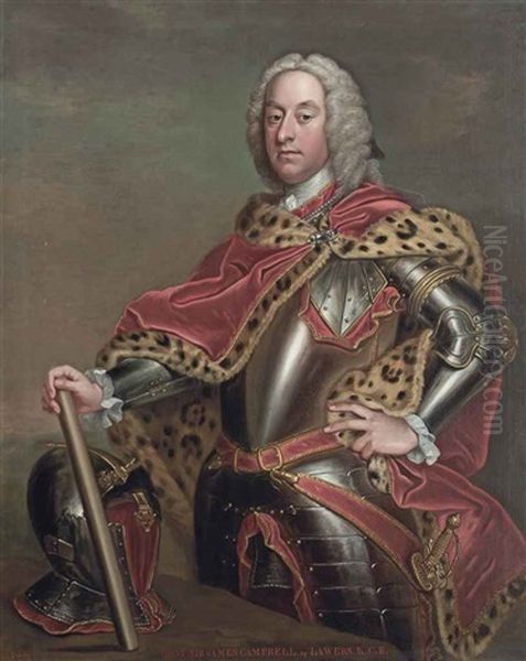 Portrait Of Sir James Campbell Of Lawers (1667-1745), Three-quarter-length, Standing In Armour And A Red Velvet Fur-trimmed Robe, A Baton In His Right Hand Oil Painting by Jean-Baptiste van Loo