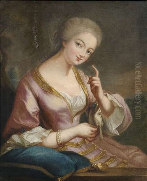 Bildnis Einer Eleganten Dame Mit Einem Vogel, Die Sich An Einer Mauerbrustung Aufstutzt Oil Painting by Jean-Baptiste van Loo