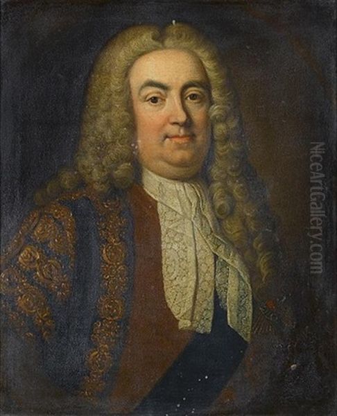 Portrait Of Sir Robert Walpole, 1st Earl Of Orford, Bust-length, In Brown Brocade Robes, A Dark Blue Sash And The Badge Of The Order Of The Garter And A White Lace Jabot In A Pai Oil Painting by Jean-Baptiste van Loo