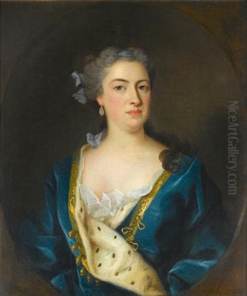 Portrait Of A Lady In A Blue Ermine-lined Robe And A Blue Ribbon In Her Hair (in Pntd Oval) Oil Painting by Jean-Baptiste van Loo