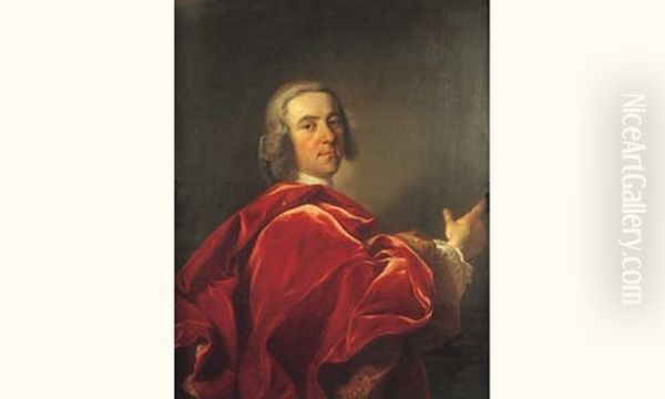 Portrait D'un Homme De Qualite Dans Un Grand Manteau Rouge, La Main Droite En Avant Oil Painting by Jean-Baptiste van Loo