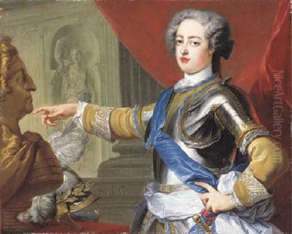 Portrait Of King Louis Xv In Half Armour With The Sash Of The Ordre Du Saint Esprit, Before A Bust Of King Louis Xiv Oil Painting by Jean-Baptiste van Loo