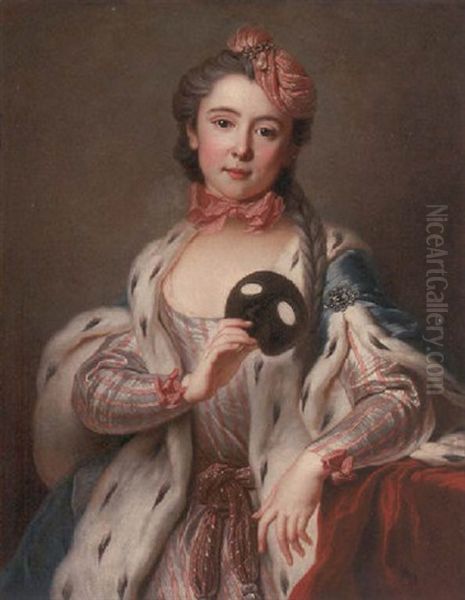 Portrait Of A Lady, The Actress Madame Favart (?) In A Pink And White Striped Dress And A Blue Wrap, Leaning On A Draped Table, Holding A Mask Oil Painting by Jean-Baptiste van Loo