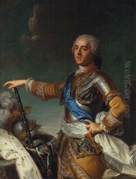 Portrait Of Louis Xv Wearing A Breastplate Over An Embroidered Gold Jacket, A Royal Baton In His Right Hand Oil Painting by Jean-Baptiste van Loo