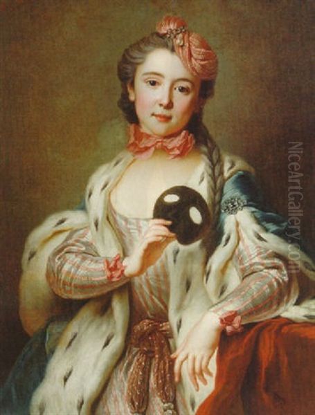 Portrait Of A Lady (madame Favart?) In A Pink And White Striped Dress And A Blue Ermine-trimmed Wrap, Holding A Mask Oil Painting by Jean-Baptiste van Loo