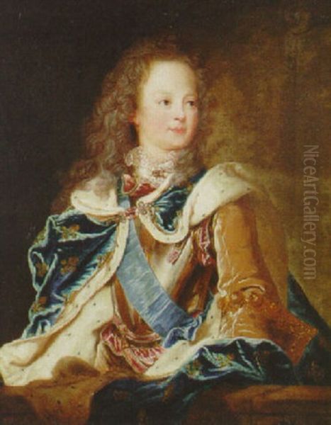 Portrait Of The Dauphin, Louis, Later King Louis Xv Of France, In Ceremonial Robes And Armour Before A Parapet Oil Painting by Jean-Baptiste van Loo