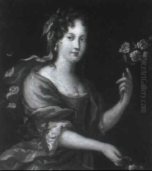 Portrait Of A Lady, Small Half-length, In Red Dress With A  Brown Wrap, Holding Roses Oil Painting by Jean-Baptiste van Loo