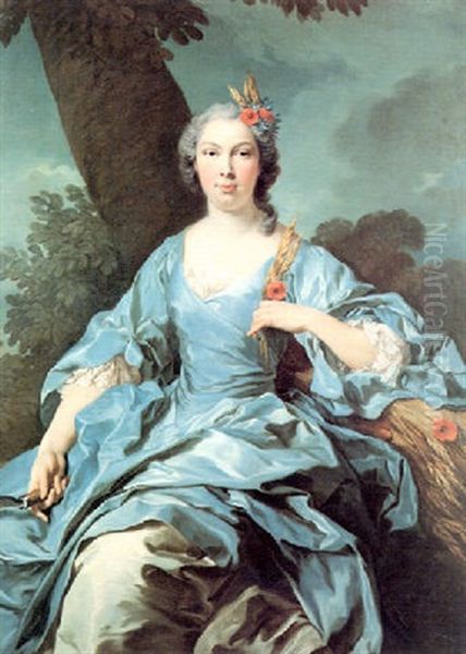 Portrait Of The Comtesse De Segouy As Ceres, Seated Three-  Quarter Length, Wearing A Blueand White Satin Dress, In A Oil Painting by Jean-Baptiste van Loo