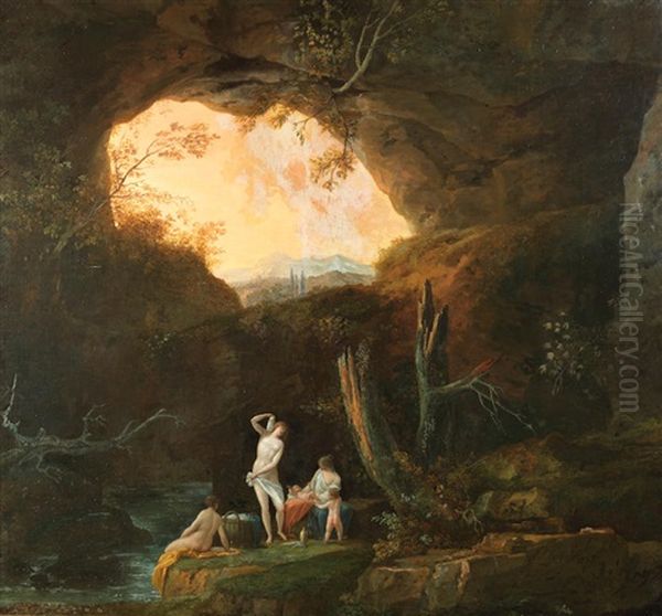 Figures Bathing In A Landscape; A River Landscape With Figures Fishing (2) Oil Painting by Jules Cesar Denis van Loo