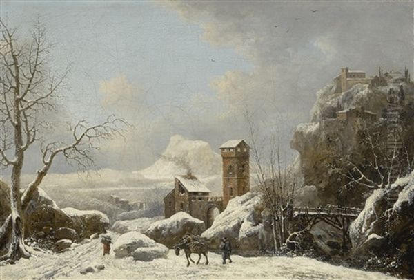 Snowy Landscape With Figures And A Packhorse In The Foreground Oil Painting by Jules Cesar Denis van Loo