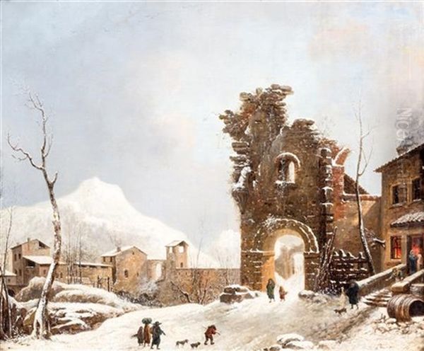 Winter Scene With Ruins Oil Painting by Jules Cesar Denis van Loo