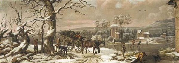 A Wooded Winter Landscape With Figures Chopping Wood Beside A Horse-drawn Cart With Skaters On A Frozen River, A Village Beyond Oil Painting by Jules Cesar Denis van Loo