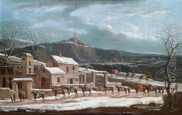 Eine Winterlandschaft Mit Handlerkarawane Oil Painting by Jules Cesar Denis van Loo