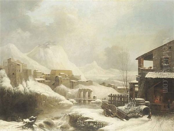 A Frozen, Mountainous Winter Landscape, With A Forge In The Foreground Oil Painting by Jules Cesar Denis van Loo