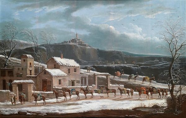 Eine Winterlandschaft Mit Handlerkarawane Oil Painting by Jules Cesar Denis van Loo