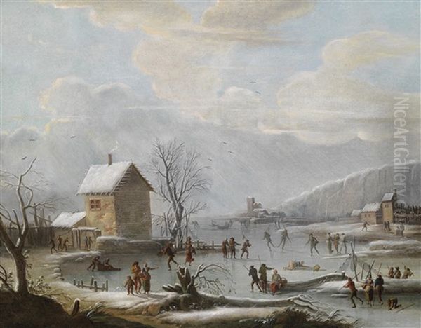 Winterlandschaft Mit Eislaufern Oil Painting by Jules Cesar Denis van Loo