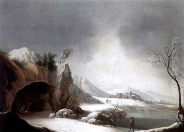 A Winter Landscape With Three Men Warming Themselves Beside A Fire In A Cave And Other Figures Beside A Lake Oil Painting by Jules Cesar Denis van Loo