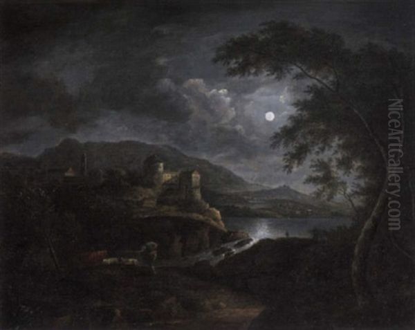 A Moonlit River Landscape With A Cowherd On A Rocky Path In The Foreground Oil Painting by Jules Cesar Denis van Loo