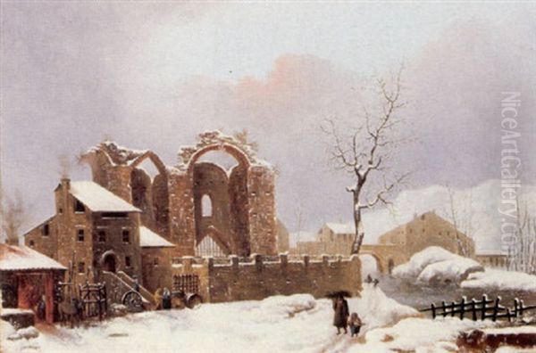 A Winter Landscape With Figures On A Path By A Ruined Church Oil Painting by Jules Cesar Denis van Loo