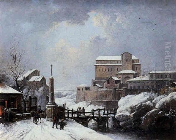 Paysage De Neige Anime De Villageois Oil Painting by Jules Cesar Denis van Loo